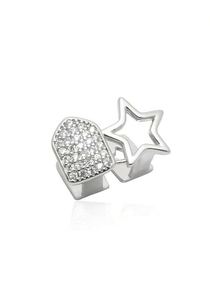 Y2k Punk Style Gümüş Rengi Yıldızlı ve Taşlı İkili Tooth Grillz - Görsel 5