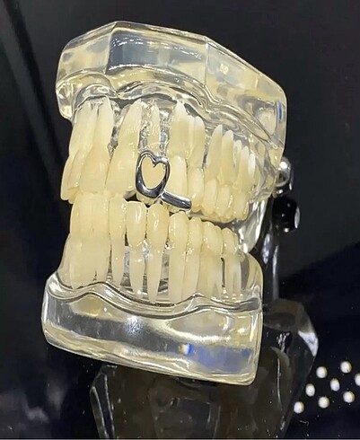Y2k Hip Hop Gümüş Rengi Kalpli İkili Tooth Grillz Gems Diş Taşı - Görsel 2