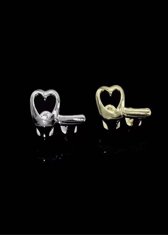 Y2k Hip Hop Gümüş Rengi Kalpli İkili Tooth Grillz Gems Diş Taşı - Görsel 4