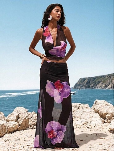 s Beden siyah Renk Orchid Breeze Set-Hawai Çiçek Desenli Üst Bluz ve Etek ikili Tak