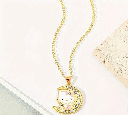 Y2k Hello Kitty Gold Zincirli Ay Taşlı Pembe Kitty Kolye