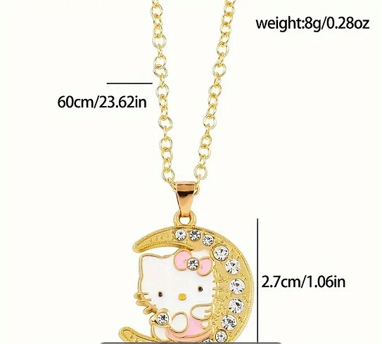 Beden altın Renk Y2k Hello Kitty Gold Zincirli Ay Taşlı Pembe Kitty Kolye