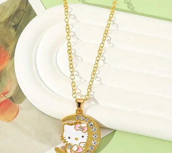 Beden Y2k Hello Kitty Gold Zincirli Ay Taşlı Pembe Kitty Kolye