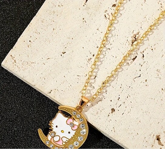 Diğer Y2k Hello Kitty Gold Zincirli Ay Taşlı Pembe Kitty Kolye