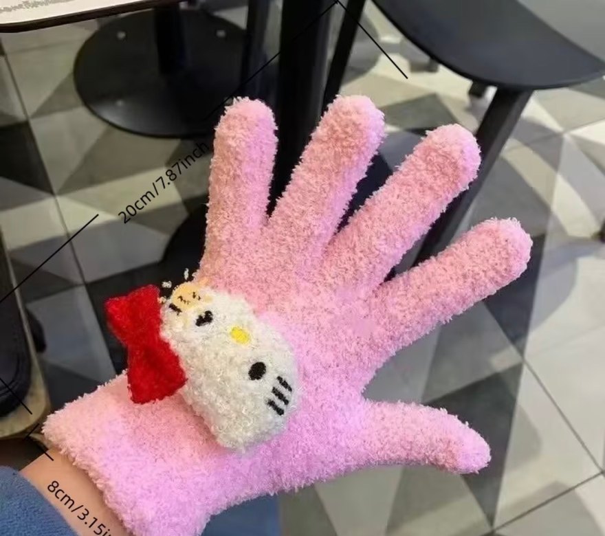 Y2k La Saade Hello Kitty Pembe Peluş Kış Eldivenleri - Görsel 3