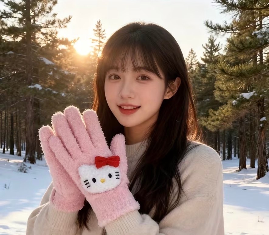 Y2k La Saade Hello Kitty Pembe Peluş Kış Eldivenleri - Görsel 4