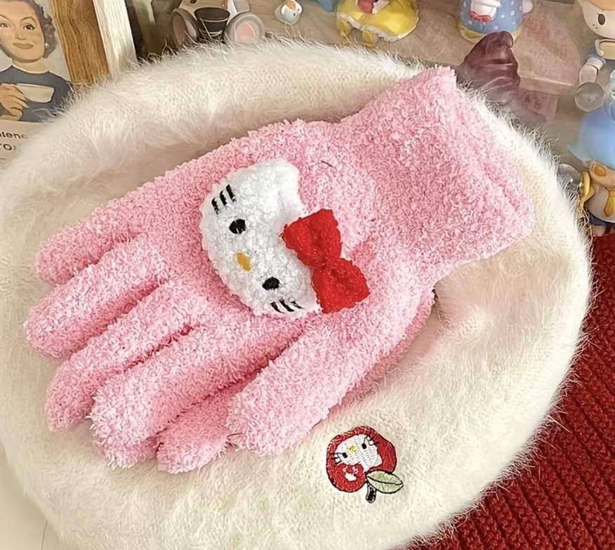 Y2k La Saade Hello Kitty Pembe Peluş Kış Eldivenleri - Görsel 2