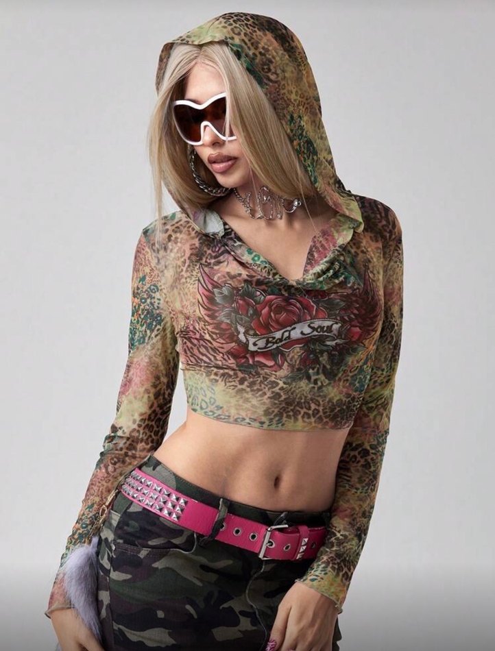 Rebel Soul La Saade Blouse-Y2K Transparan Mesh Kapüşon Crop Bluz - Görsel 4