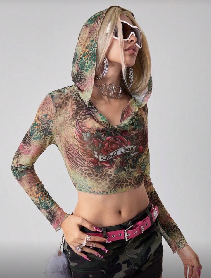 Rebel Soul La Saade Blouse-Y2K Transparan Mesh Kapüşon Crop Bluz - Görsel 5