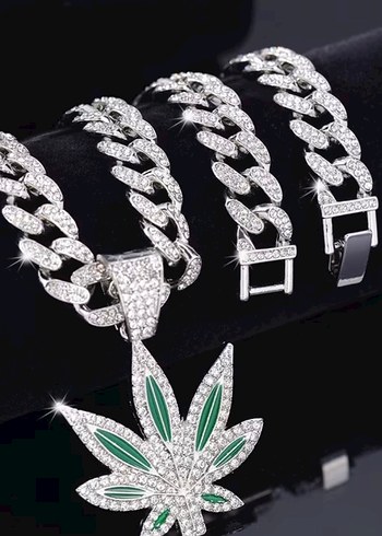 Y2k La Saade Yeşil Yaprak  Taşlı İced Put Premium Chain Kolye - Görsel 4