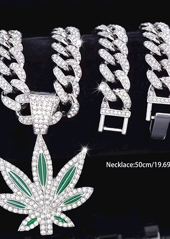 Y2k La Saade Yeşil Yaprak  Taşlı İced Put Premium Chain Kolye - Görsel 2