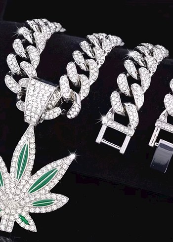 Y2k La Saade Yeşil Yaprak  Taşlı İced Put Premium Chain Kolye - Görsel 6