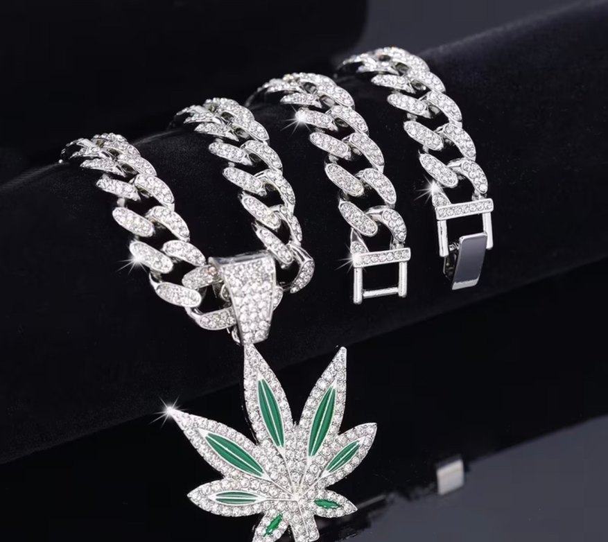 Y2k La Saade Yeşil Yaprak  Taşlı İced Put Premium Chain Kolye - Görsel 4