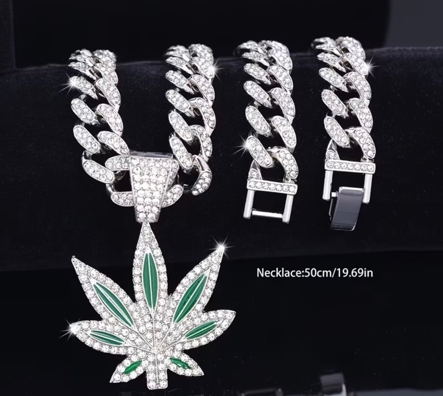 Y2k La Saade Yeşil Yaprak  Taşlı İced Put Premium Chain Kolye - Görsel 2