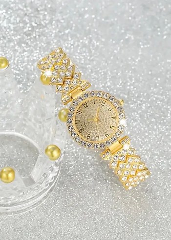 Payetli Altın Renk Kadın Saat ve Bileklik Seti - Görsel 2