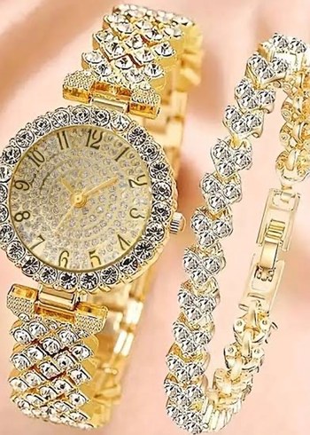 Payetli Altın Renk Kadın Saat ve Bileklik Seti - Görsel 3