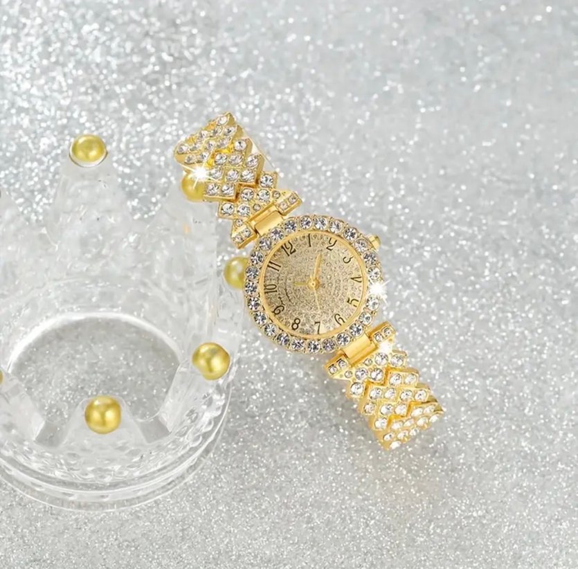 Payetli Altın Renk Kadın Saat ve Bileklik Seti - Görsel 2