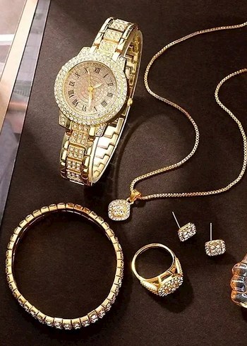 Altın Renkli Kadın Kol Saati ve Takı Seti - Görsel 4