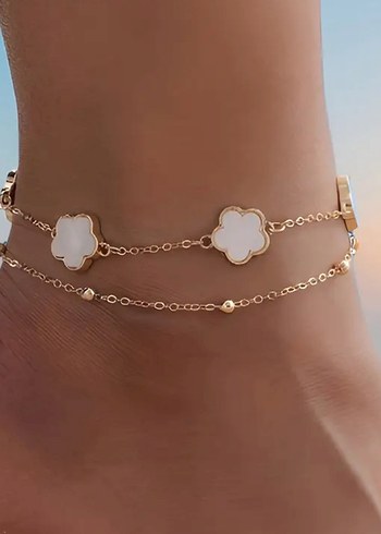 Beyaz Çiçekli Zincir Detaylı Minimalist Halhal