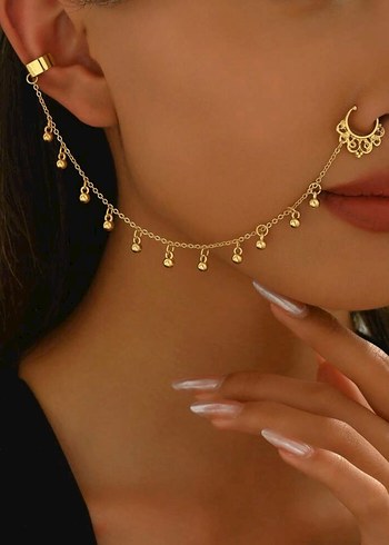 Zincir Detaylı Altın Renk Bohem Kadın Kulak Kıkırdak Küpesi - Görsel 5