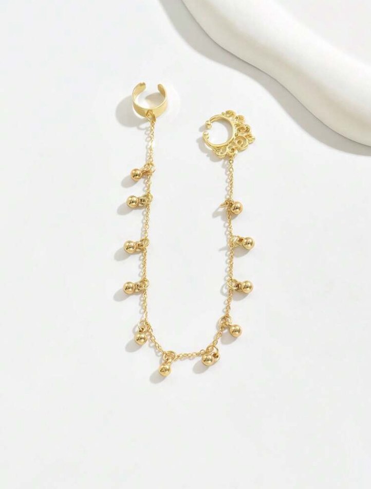Zincir Detaylı Altın Renk Bohem Kadın Kulak Kıkırdak Küpesi - Görsel 2