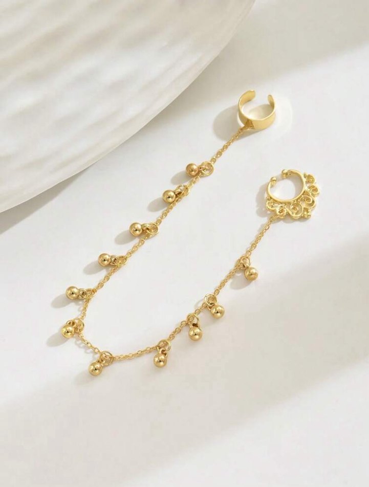 Zincir Detaylı Altın Renk Bohem Kadın Kulak Kıkırdak Küpesi - Görsel 3