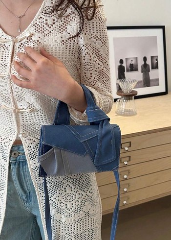 Nakışlı Kemer Detaylı Mavi Denim Çanta