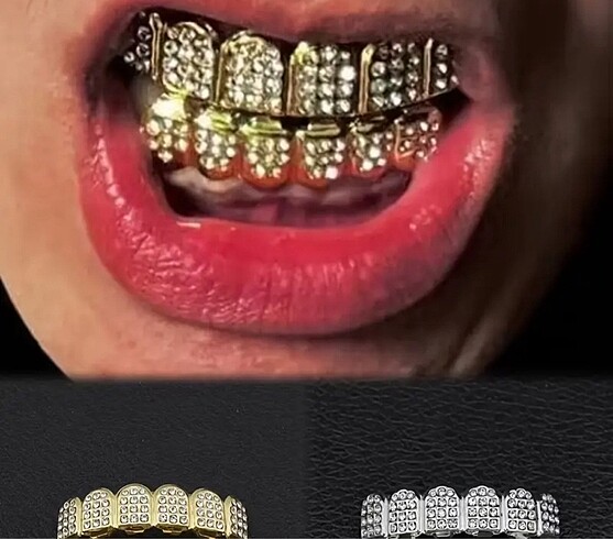 Y2k Hip Hop Gümüş Rengi Kristal Taşlı Alt ve Üst İkili Tooth Gri