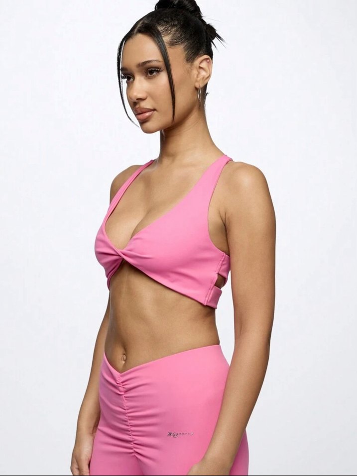 Pembe V Yakalı Kadın Spor Üstü - Görsel 5