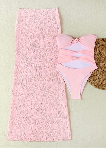 s Beden Dantel Detaylı Pembe Uzun Straplez Mayo ve Etek Takım