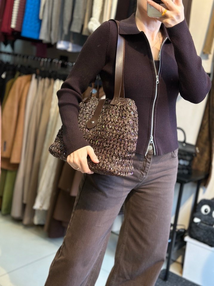 Örgü Kahverengi Kadın El Çantası - Görsel 4