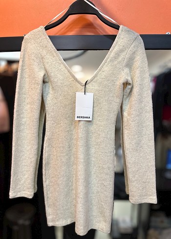 Bej V Yaka Uzun Kollu Kadın Mini Elbise - Görsel 2