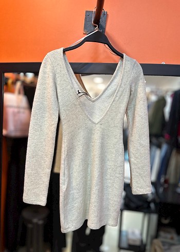 Bej V Yaka Uzun Kollu Kadın Mini Elbise - Görsel 5