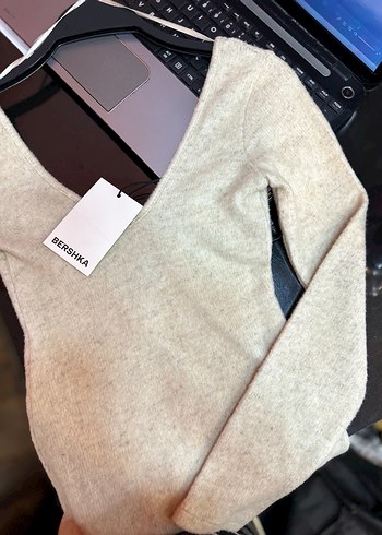 Bej V Yaka Uzun Kollu Kadın Mini Elbise - Görsel 6