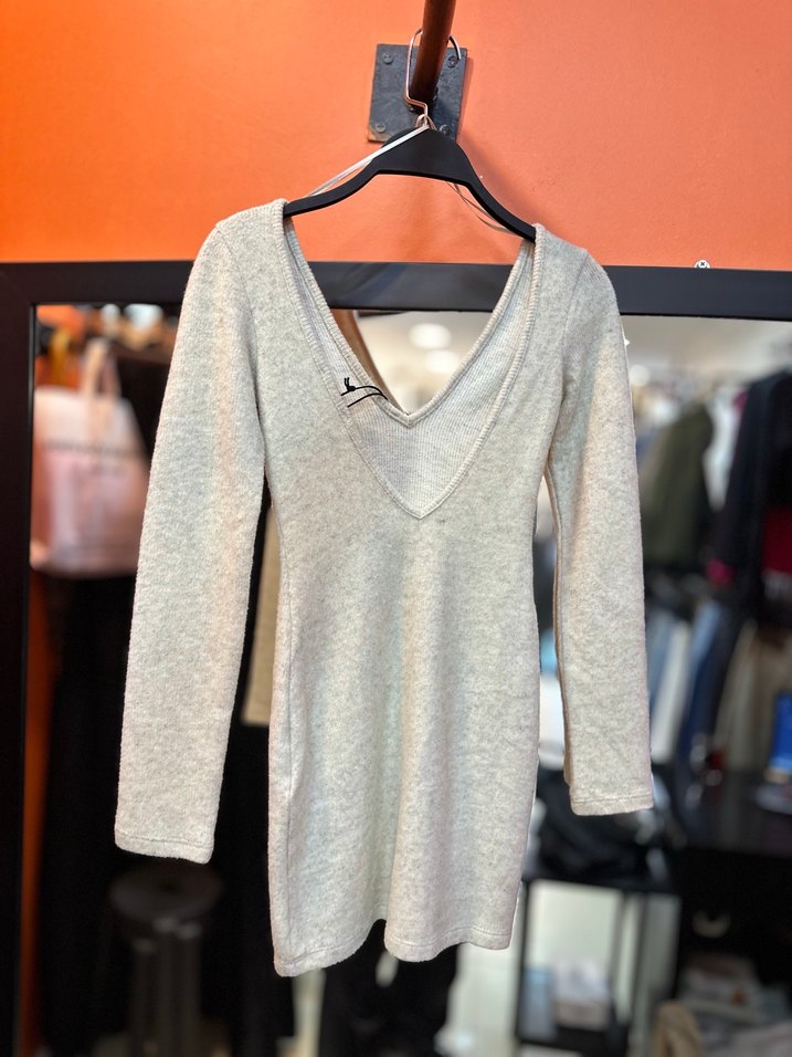 Bej V Yaka Uzun Kollu Kadın Mini Elbise - Görsel 5