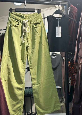 Beyaz İpli Kemerli Yeşil Pamuk Pantolon - Görsel 2