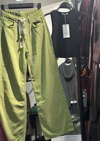 Beyaz İpli Kemerli Yeşil Pamuk Pantolon - Görsel 3