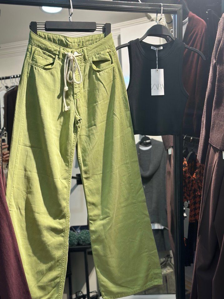 Beyaz İpli Kemerli Yeşil Pamuk Pantolon - Görsel 2