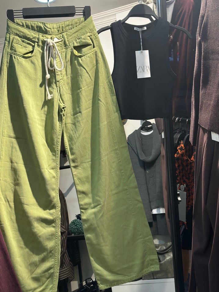 Beyaz İpli Kemerli Yeşil Pamuk Pantolon - Görsel 3