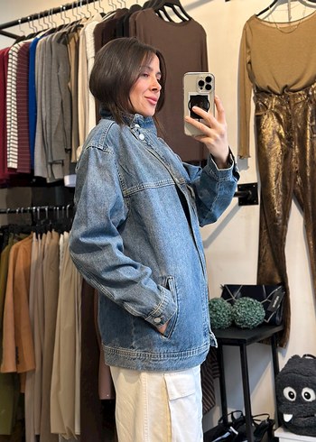 Düğmeli Gri-Mavi Kot Ceket - Görsel 2