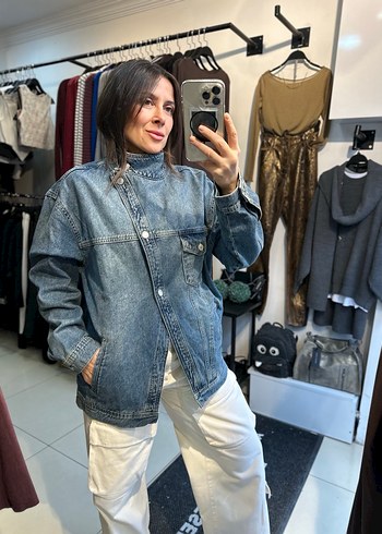 Düğmeli Gri-Mavi Kot Ceket - Görsel 11