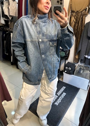 Düğmeli Gri-Mavi Kot Ceket - Görsel 10