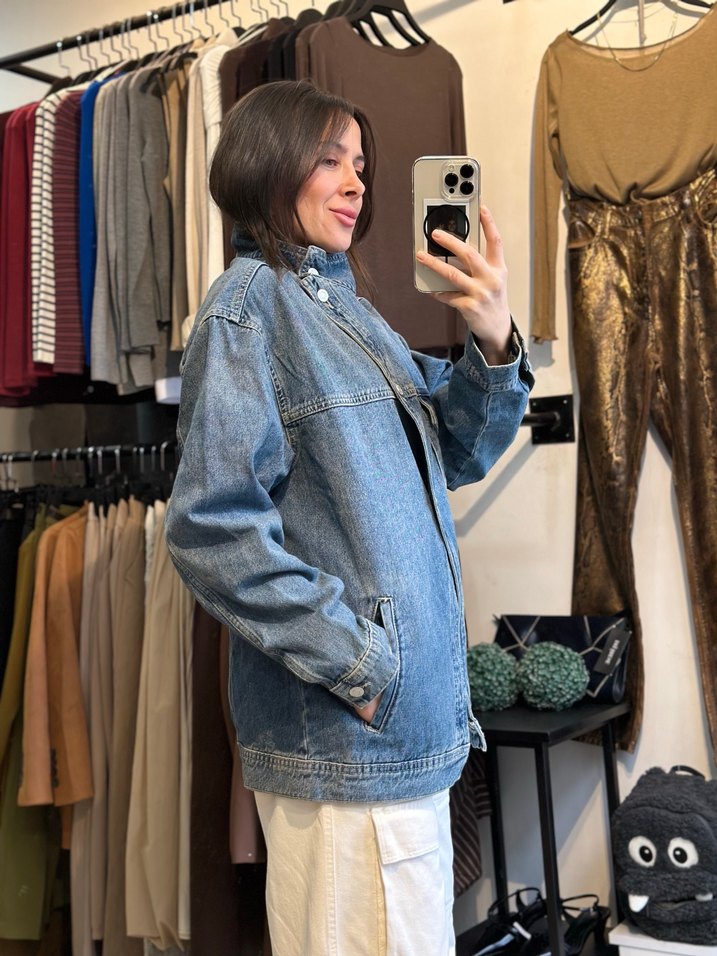 Düğmeli Gri-Mavi Kot Ceket - Görsel 2