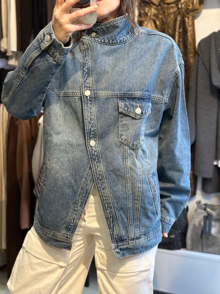 Düğmeli Gri-Mavi Kot Ceket - Görsel 5