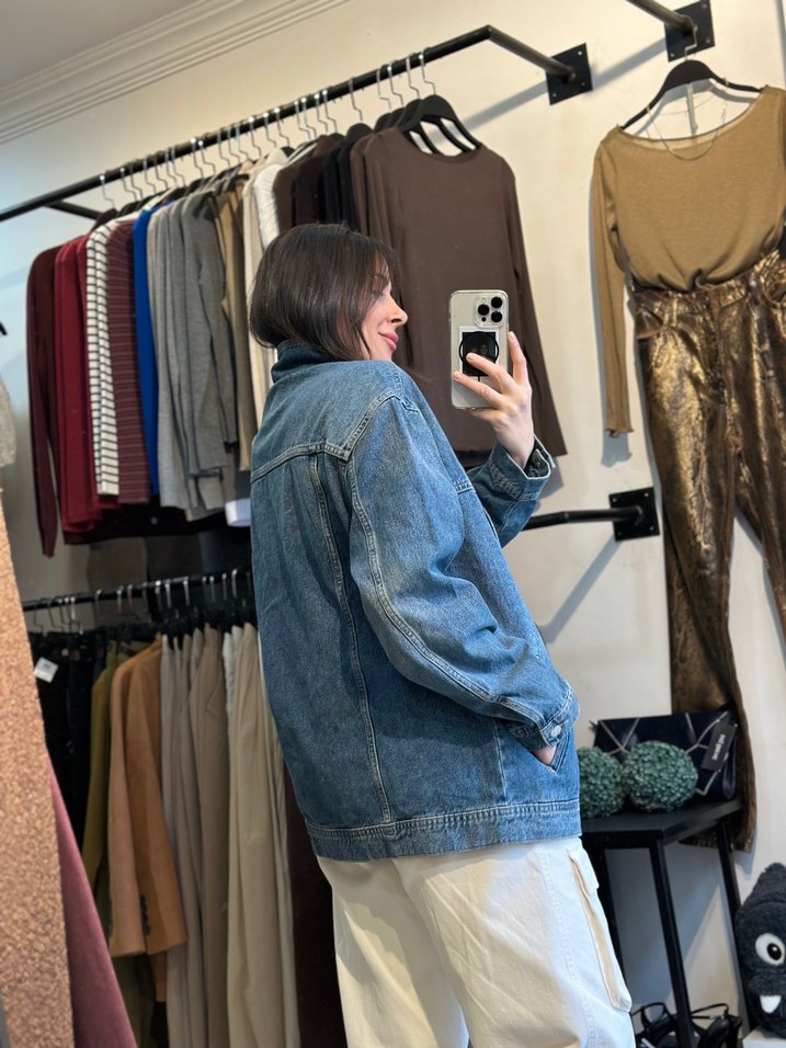 Düğmeli Gri-Mavi Kot Ceket - Görsel 3