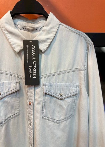 Gri Denim Düğmeli Uzun Kollu Kadın Gömlek - Görsel 2