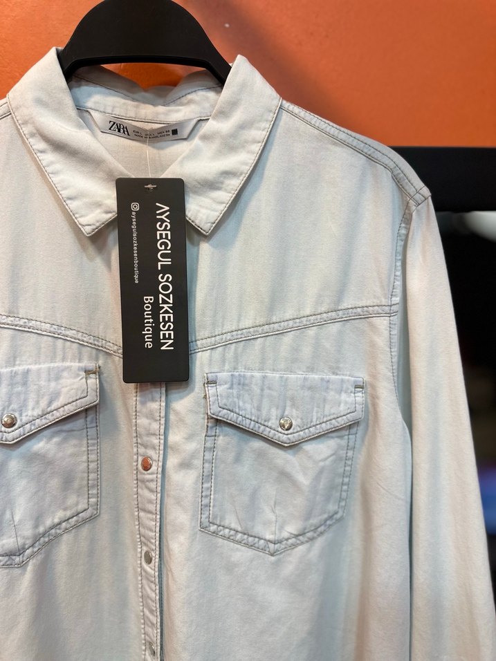 Gri Denim Düğmeli Uzun Kollu Kadın Gömlek - Görsel 2