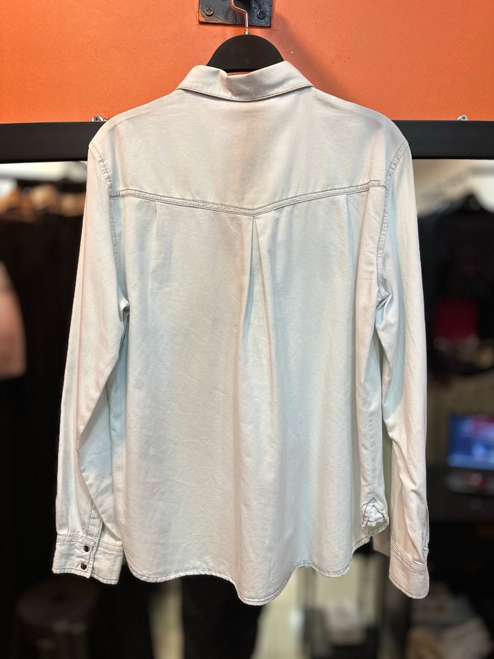 Gri Denim Düğmeli Uzun Kollu Kadın Gömlek - Görsel 5