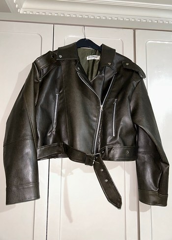 Kemerli koyu yeşil Deri Biker Ceket - Görsel 2