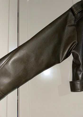 Kemerli koyu yeşil Deri Biker Ceket - Görsel 3